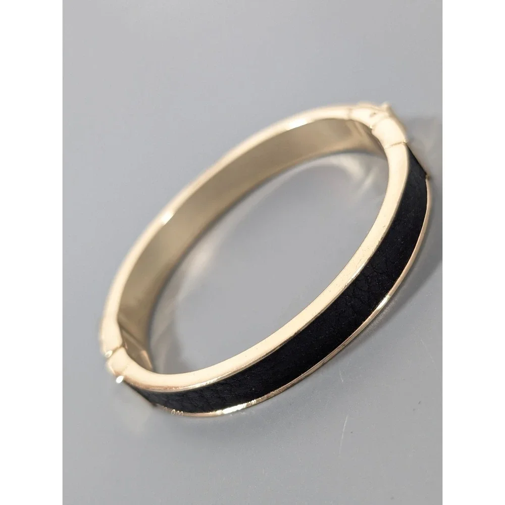 LOFT Black Leather Inlay Gold Tone‎ Hinge Bangle Bracelet 6.5 in